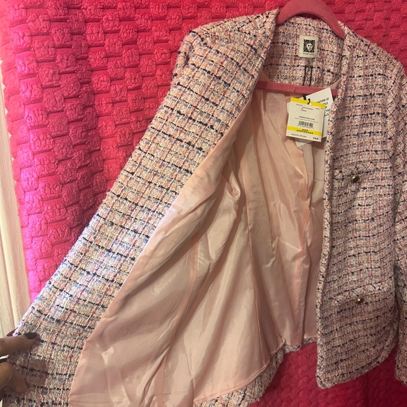 Anne Klein Pink Button Collarless Tweed Jacket with Patch Pockets - Picture 4 of 5